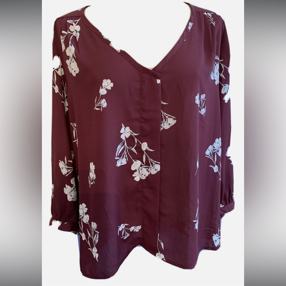 Collective Concepts Merlot Floral Blouse Sheer V-Neck Burgundy XL EUC - Picture 3 of 16